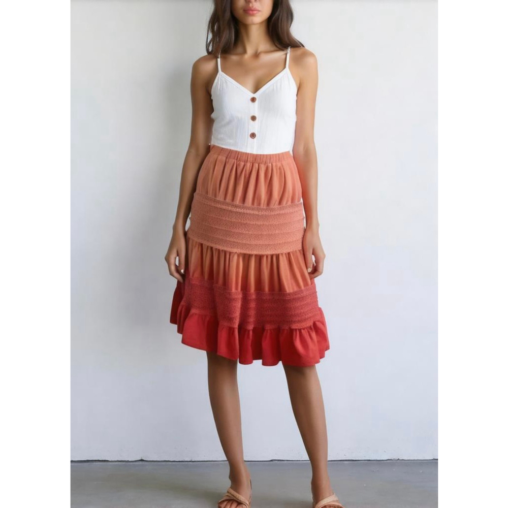 Eyeshadow Women's Tiered Midi Skirt Med Coral Elastic Waistband Boho Cottagecore